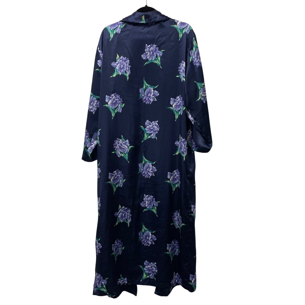 TALBOTS INTIMATES ROBE LONG MAXI SATIN WOMENS L FLORAL BLUE POCKETS LOUNGE - Picture 2 of 7